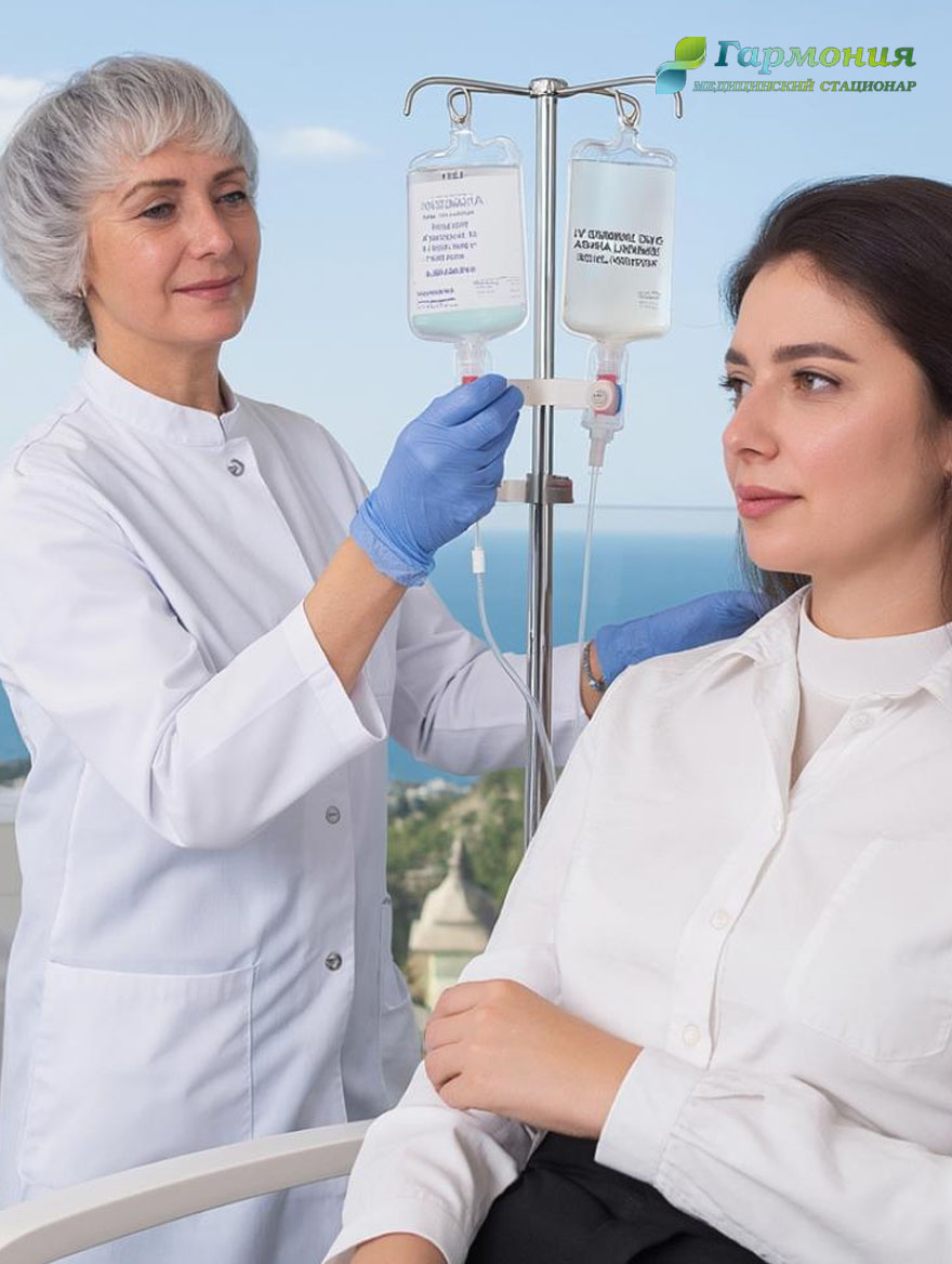 Врач и пациент с капельницей на фоне берега Гудауты