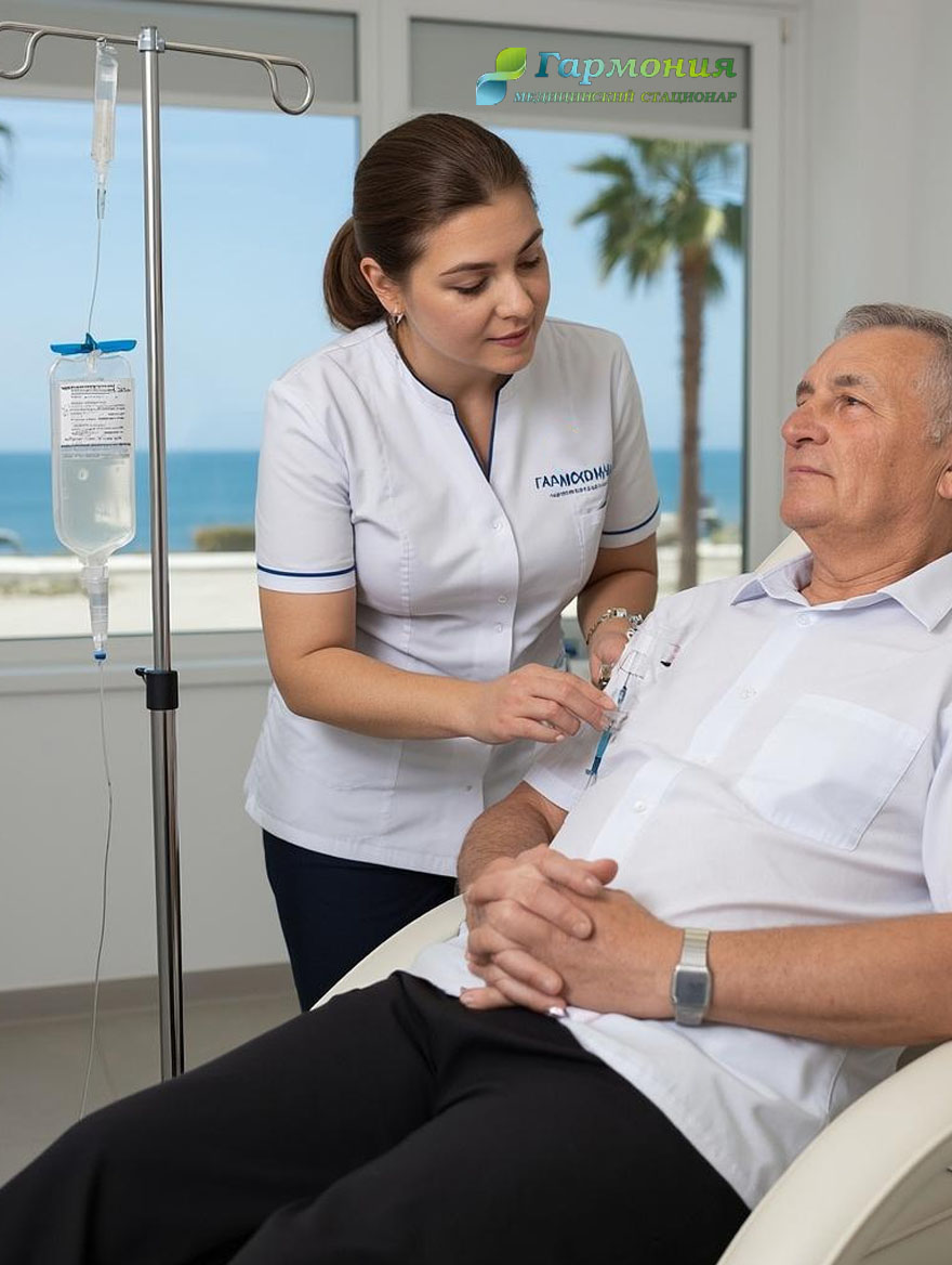 Врач и пациент с капельницей на фоне берега Гудауты