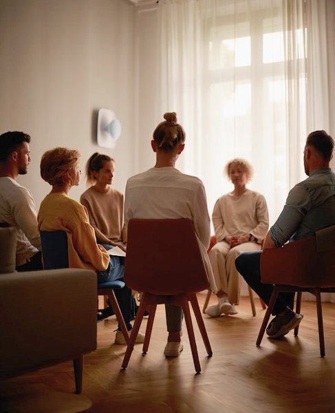 Люди сидят в кругу в комнате