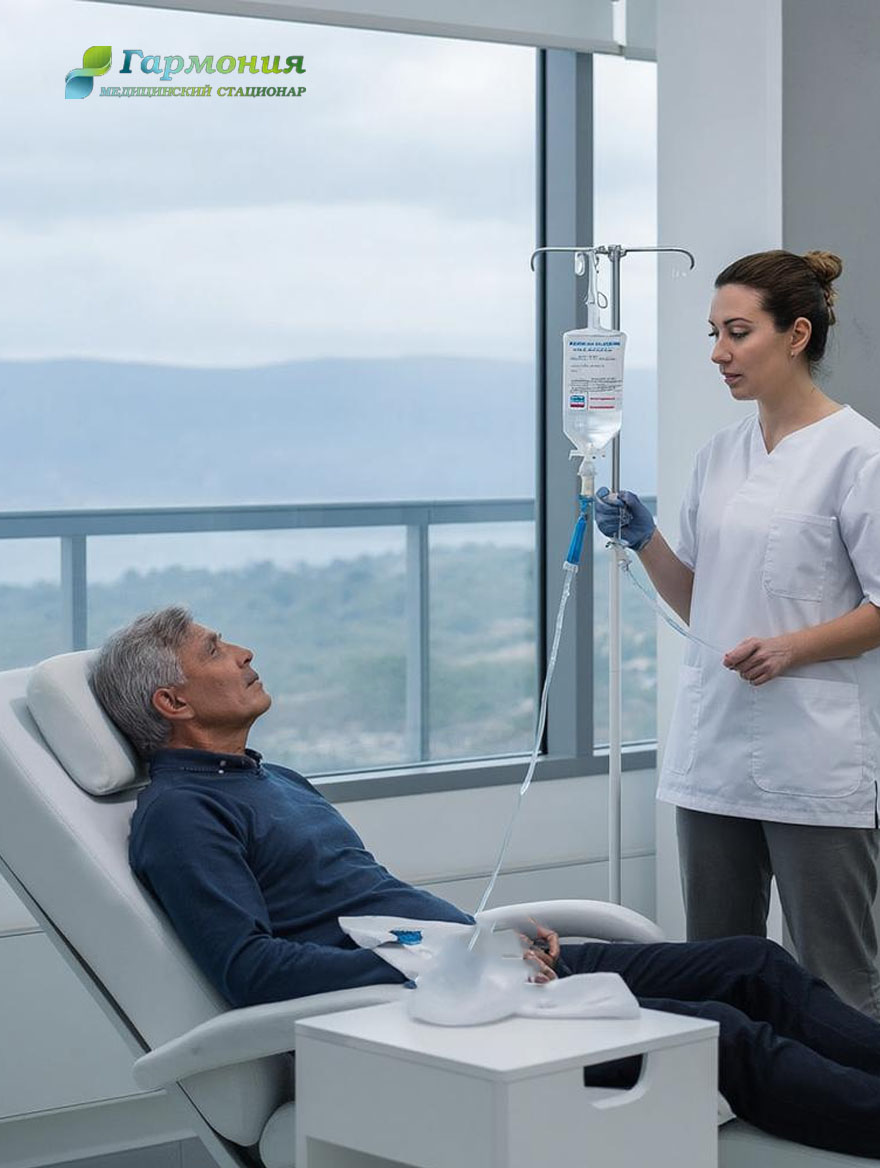 Врач и пациент с капельницей на фоне берега Гудауты